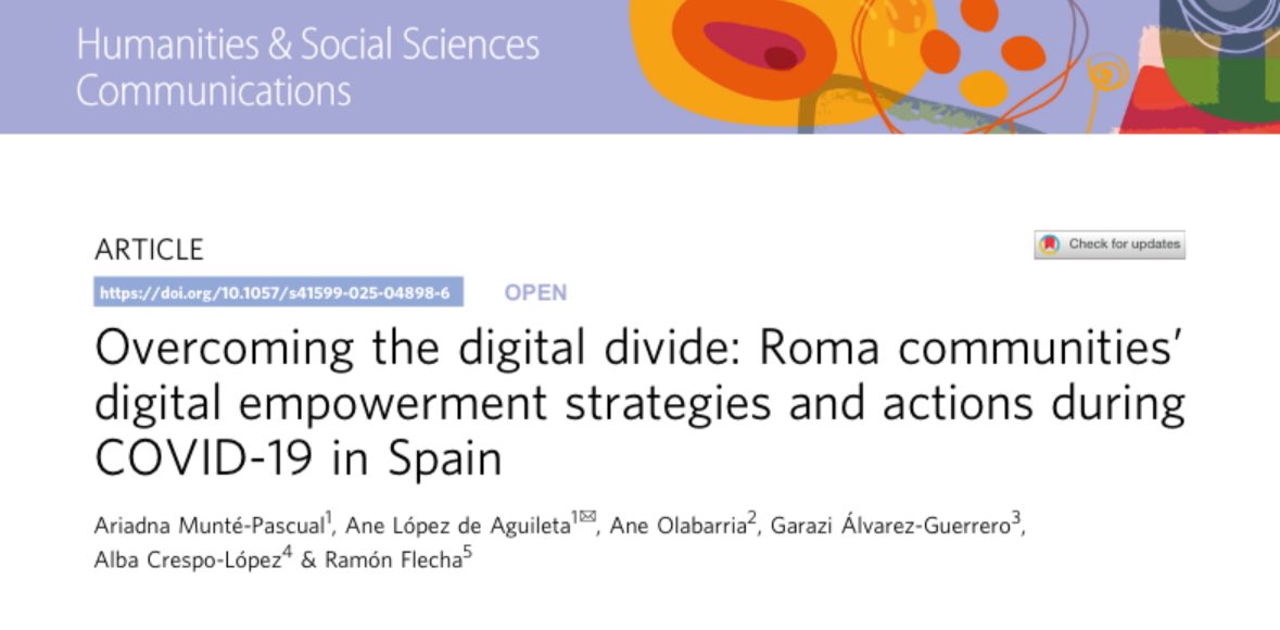 Our team is very proud to have published this article in a scientific journal of Nature. It overcomes the invisibilization of the successful actions some Roma communities are doing in technology. 118 Roma people and professionals have co-created it. rdcu.be/embGb