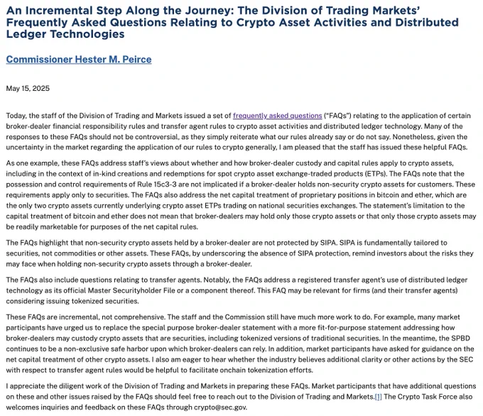 🚨 BREAKING: 🚨 Novità: La SEC chiarisce le regole per broker-dealer e agenti di trasferimento riguardo agli asset crypto e alla tecnologia blockchain.