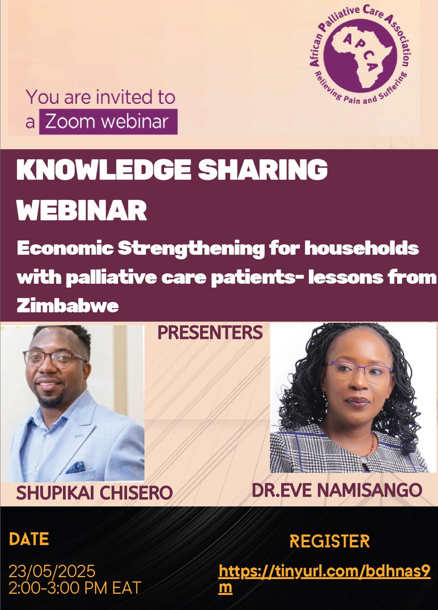 APCA (@apcassociation) on Twitter photo Economic strengthening for households with palliative care patients; lessons from #Zimbabwe🇿🇼
We invite you to this knowledge sharing webinar
Register: tinyurl.com/bdhnas9m
23 May 2025 2:00- 3:00PM Nairobi
<a href="/hospaz/">HOSPAZ</a> <a href="/KidsCancerProj/">The Kids' Cancer Project</a> <a href="/IslandHospiceZW/">Island Hospice Zim</a> <a href="/PCAUganda/">Palliative Care Association of Uganda (PCAU)</a> <a href="/KEHPCA/">Kenya Hospices and Palliative Care Association</a> <a href="/asso_SFAP/">SFAP SoinsPalliatifs</a> Economic strengthening for households with palliative care patients; lessons from #Zimbabwe🇿🇼
We invite you to this knowledge sharing webinar
Register: tinyurl.com/bdhnas9m
23 May 2025 2:00- 3:00PM Nairobi
<a href="/hospaz/">HOSPAZ</a> <a href="/KidsCancerProj/">The Kids' Cancer Project</a> <a href="/IslandHospiceZW/">Island Hospice Zim</a> <a href="/PCAUganda/">Palliative Care Association of Uganda (PCAU)</a> <a href="/KEHPCA/">Kenya Hospices and Palliative Care Association</a> <a href="/asso_SFAP/">SFAP SoinsPalliatifs</a>