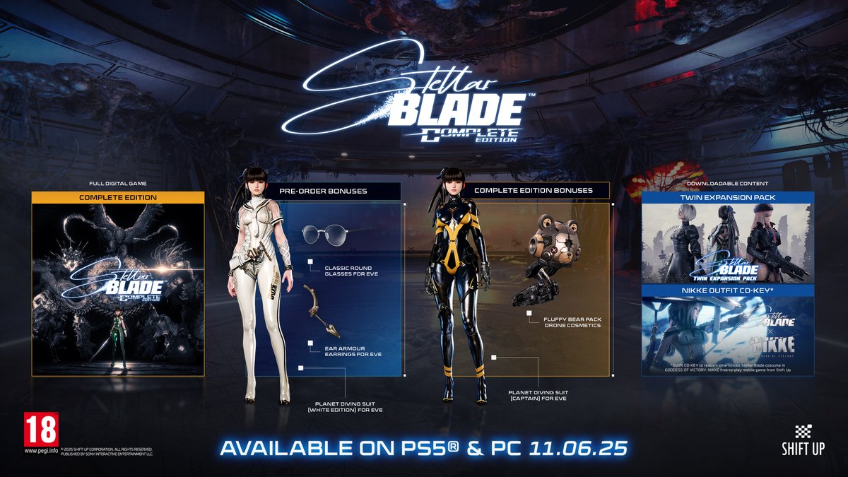 Stellar Blade launches, June 11 on PC, bringing:

👢New outfits
👊 Boss Challenge
↔️ Ultrawide and super ultrawide resolution support

*Also on PS5 same day as part of a game update.

#StellarBlade #PS5 #PC