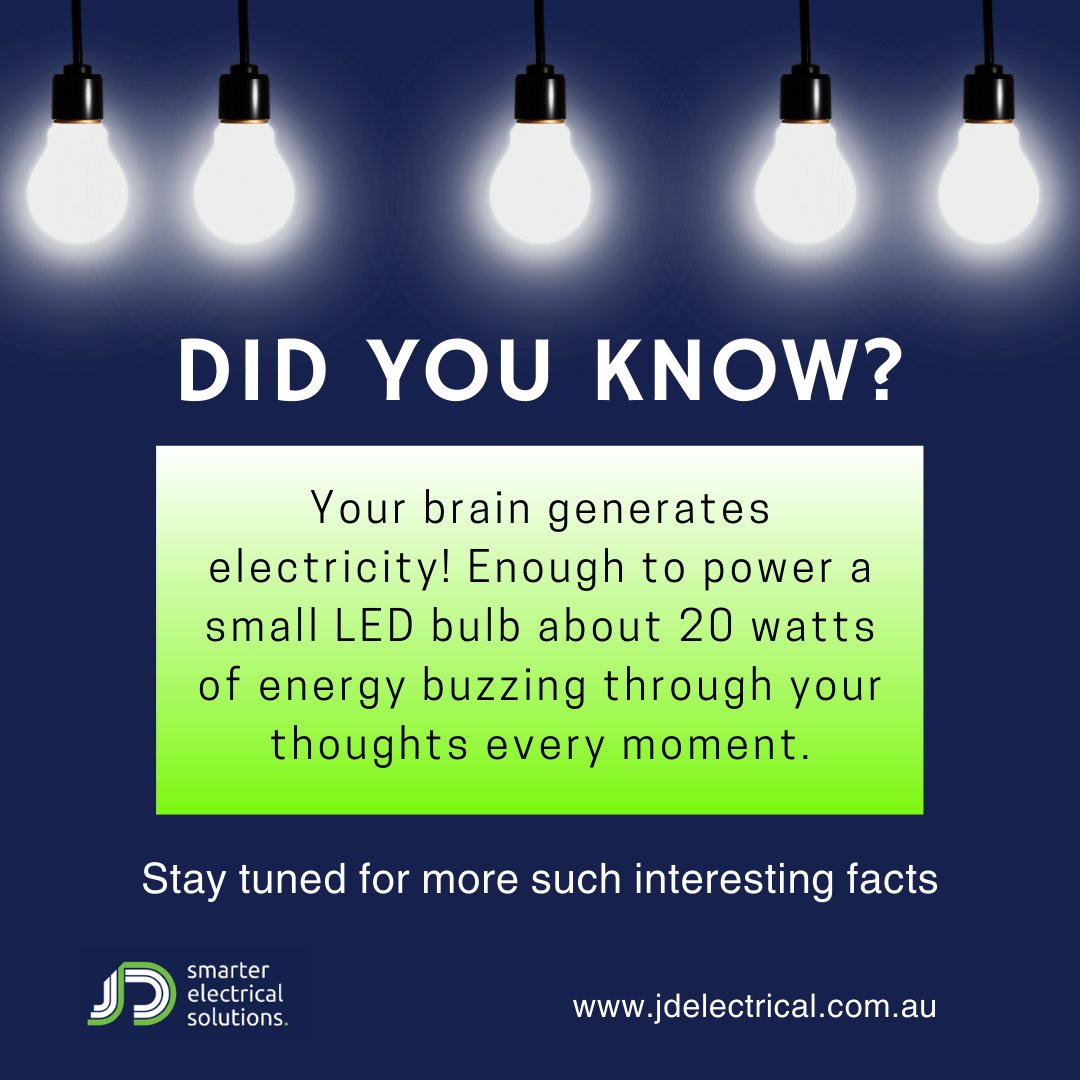 electrical_jd's tweet image. Your brain generates 20 watts of power! Enough to light an LED!Yes, your thoughts are electric.

But when it comes to powering your space, trust JD Electrical for smart, safe solutions.

 #JDElectrical #BrainPower #SmartWiring #BrisbaneElectricians #JDpower