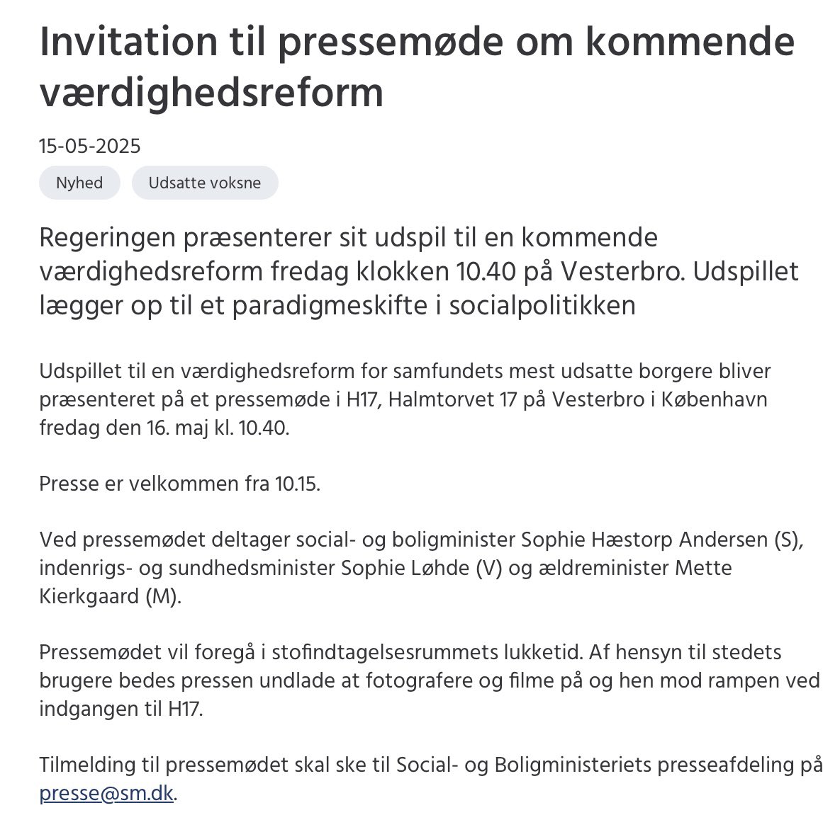 NU gør vi det! Regeringen fremlægger i dag værdighedsreformen! Sammen på tværs! ❤️💙💜 Når verden forandrer sig! Pressemøde fra ca. kl. 1030