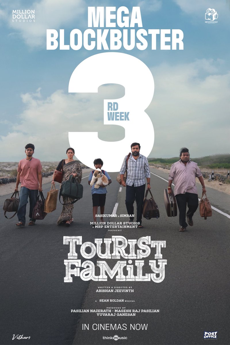 Million Dollar Studios (@millionoffl) on Twitter photo It’s 3rd week for MEGA BLOCKBUSTER #TouristFamily 🤗❤️
The dream run continues in cinemas near you 🎉
Written & directed by @abishanjeevinth ✨
A <a href="/RSeanRoldan/">Sean Roldan</a> musical 🎶
<a href="/SasikumarDir/">M.Sasikumar</a> <a href="/SimranbaggaOffc/">Simran</a>
<a href="/Foxy_here03/">Aravind Viswanathan</a> <a href="/barathvikraman/">Barath Vikraman</a> <a href="/MillionOffl/">Million Dollar Studios</a> <a href="/MRP_ENTERTAIN/">MRP ENTERTAINMENT</a>
<a href="/Yuvrajganesan/">Yuvaraj</a> It’s 3rd week for MEGA BLOCKBUSTER #TouristFamily 🤗❤️
The dream run continues in cinemas near you 🎉
Written & directed by @abishanjeevinth ✨
A <a href="/RSeanRoldan/">Sean Roldan</a> musical 🎶
<a href="/SasikumarDir/">M.Sasikumar</a> <a href="/SimranbaggaOffc/">Simran</a>
<a href="/Foxy_here03/">Aravind Viswanathan</a> <a href="/barathvikraman/">Barath Vikraman</a> <a href="/MillionOffl/">Million Dollar Studios</a> <a href="/MRP_ENTERTAIN/">MRP ENTERTAINMENT</a>
<a href="/Yuvrajganesan/">Yuvaraj</a>