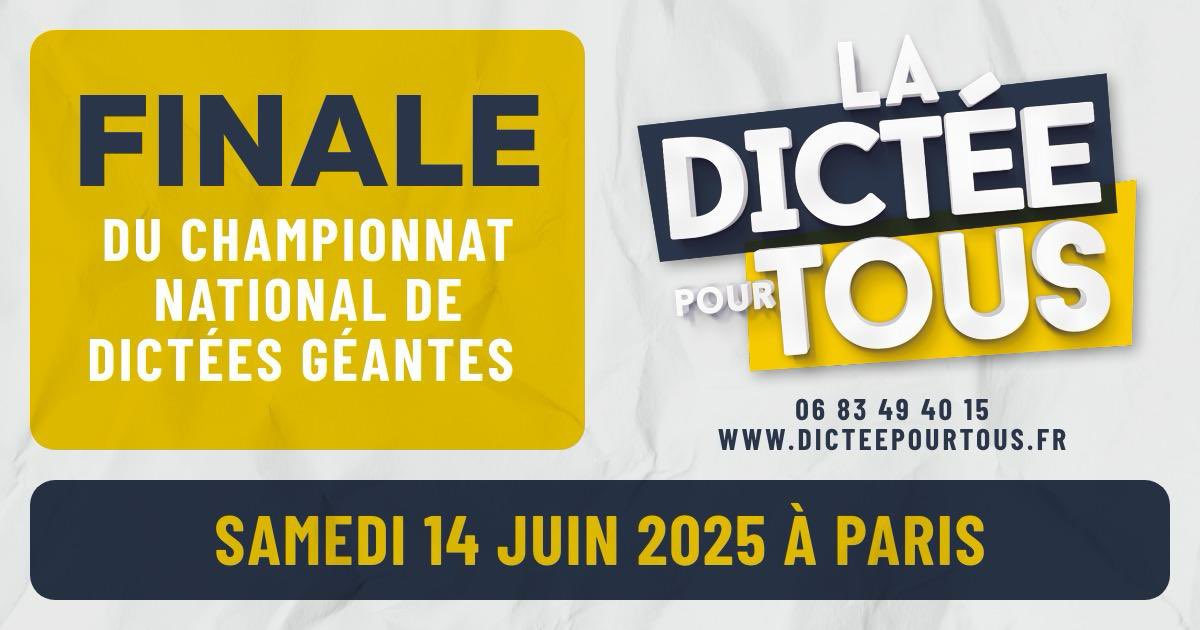 GRANDE DICTÉE (@ladicteept) on Twitter photo 🇫🇷 F I N A L E N A T I O N A L E 📝 <a href="/dicteepourtous/">La dictée pour tous</a>
📍 P A R I S
➡️ Samedi 14 Juin 2025
dicteepourtous.fr
#dictee #dictée #dicteepourtous #dicteegeante #grandedictee #abdellahboudour 🇫🇷 F I N A L E N A T I O N A L E 📝 <a href="/dicteepourtous/">La dictée pour tous</a>
📍 P A R I S
➡️ Samedi 14 Juin 2025
dicteepourtous.fr
#dictee #dictée #dicteepourtous #dicteegeante #grandedictee #abdellahboudour
