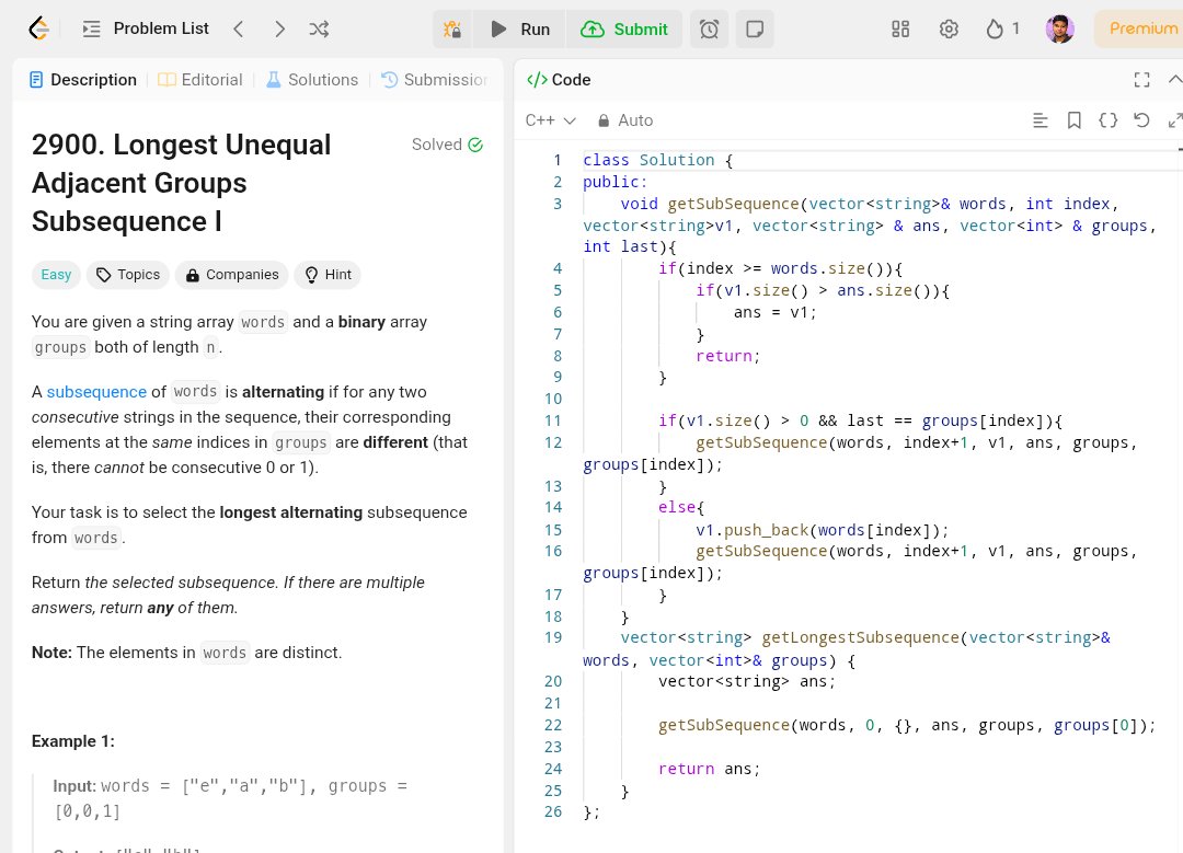 Yash_623's tweet photo. 🔥 Day 227 of DSA Series 🚀

Solved 1 LeetCode problem!

1️⃣ Longest Unequal Adjacent Groups Subsequence I 🔤🚫
– Focused on selecting non-matching consecutive elements to maximize length! 💡✅

#100DaysOfCode #LeetCode #DSA #Greedy #StringProcessing #CodingChallenge https://t.co/tGSujcMCXY