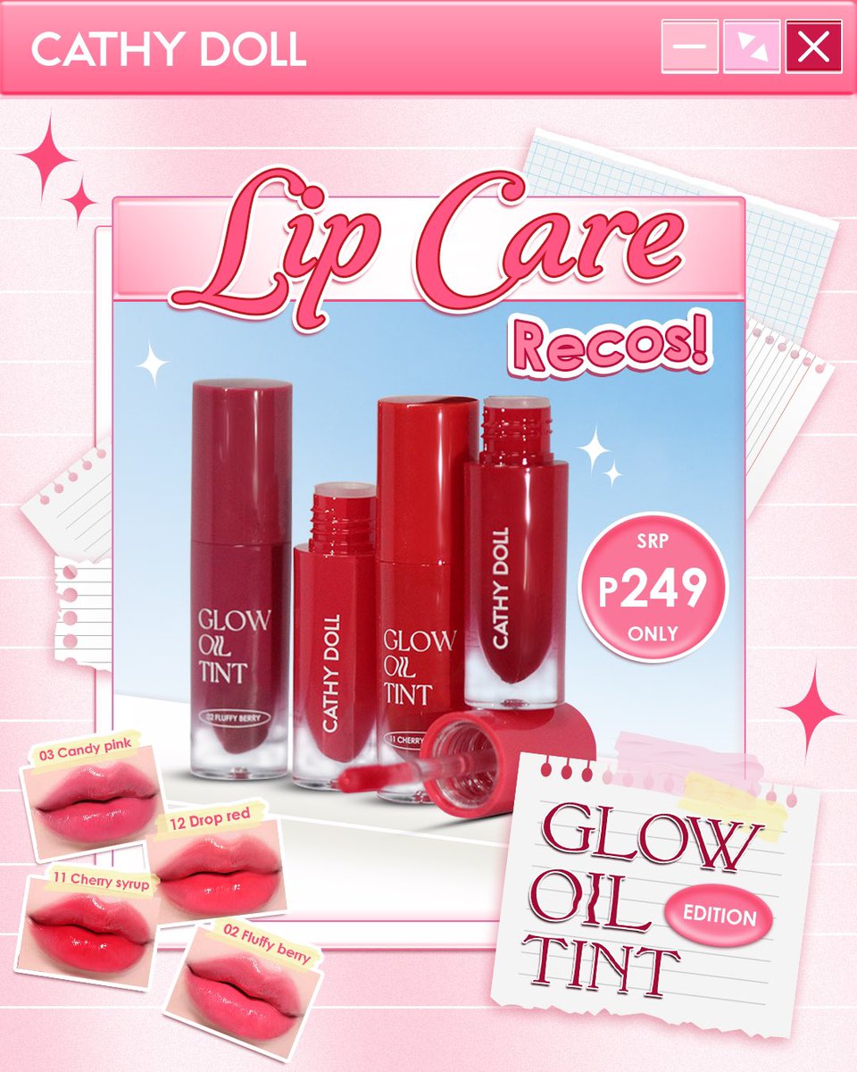 CathyDollPH_'s tweet photo. Glow like never before with Cathy Doll Glow Oil Tint! ✨
Treat your lips to the perfect balance of hydration and color with our Glow Oil Tint.
Swipe, shine, and never look back!
Get yours now for ₱249
#CathyDollPH #GlowOiltTint #LifeStrong https://t.co/8zefg44SG5