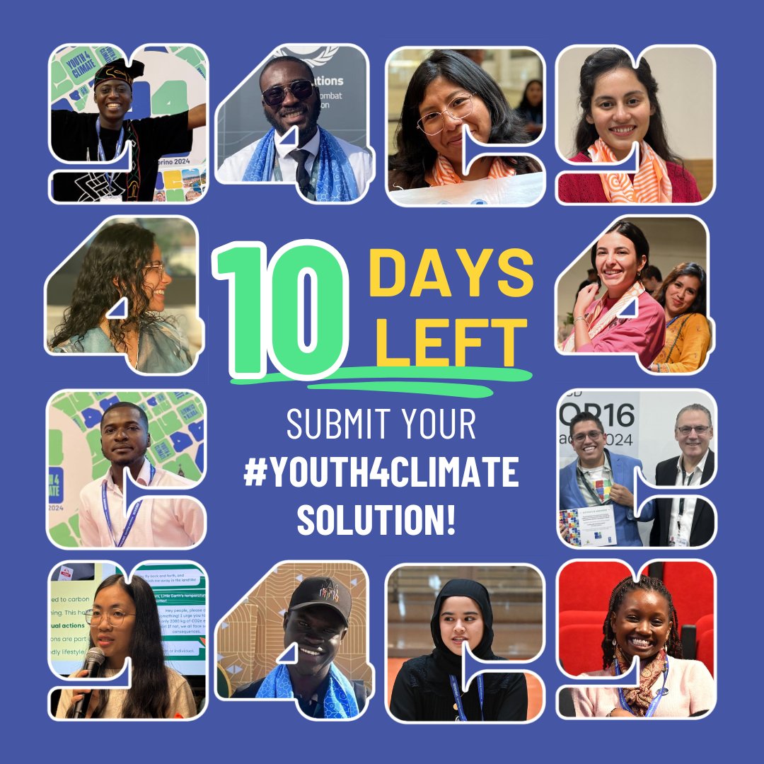 UNDP_Botswana's tweet image. ⏰ 𝐓𝐡𝐞 𝐜𝐨𝐮𝐧𝐭𝐝𝐨𝐰𝐧 𝐢𝐬 𝐨𝐧!
Only 10 days left to submit your innovative ideas for Youth4Climate's Call for Solutions!
Don't miss the chance to receive funding, training, mentorship, and share your story.
Apply now! 👉 shorturl.at/j6NVh