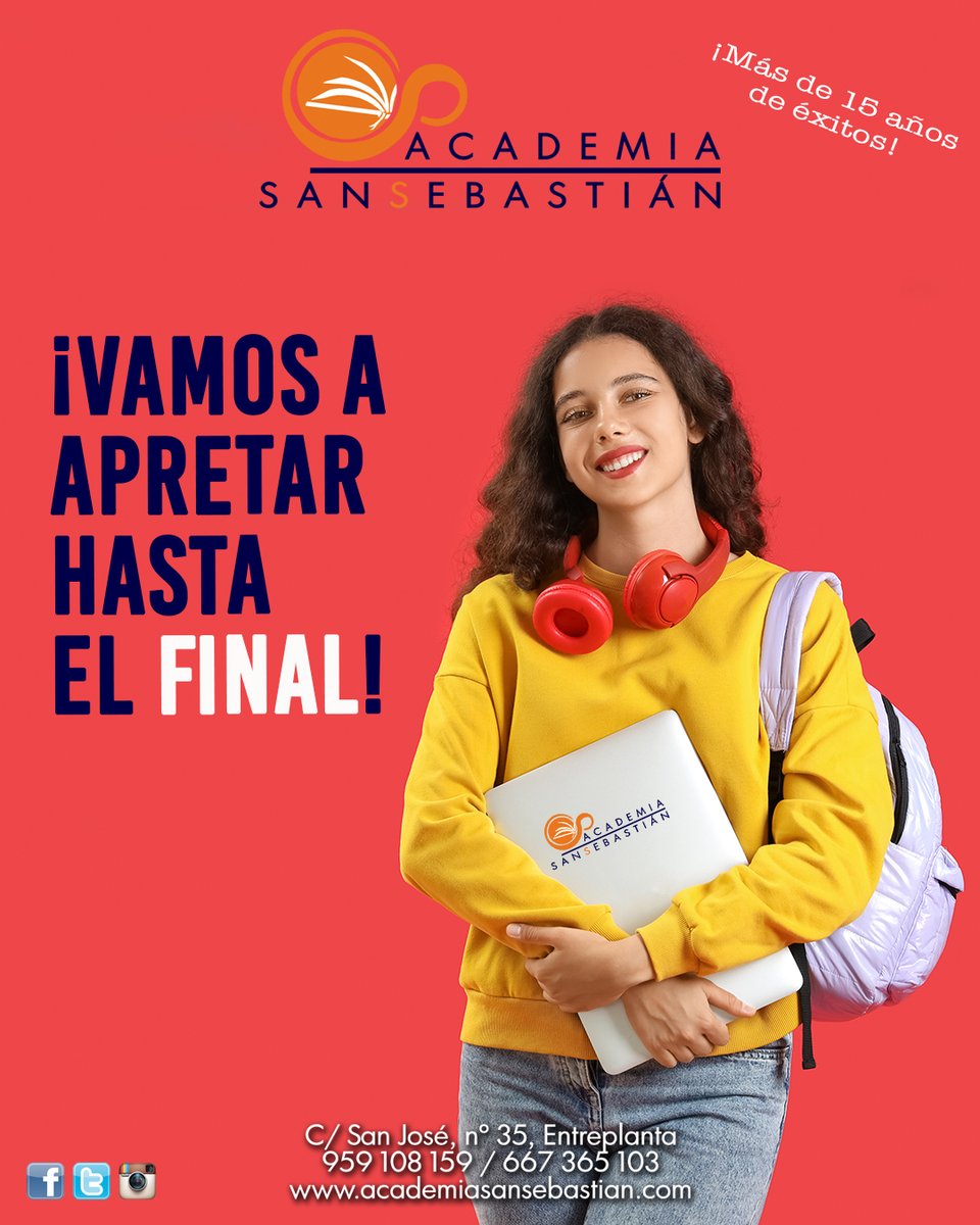 AcSanSebastian's tweet photo. ¡Vamos a apretar hasta el 𝗙𝗜𝗡𝗔𝗟!   💪🏻😉 ✏️📖

𝓐𝓬𝓪𝓭𝓮𝓶𝓲𝓪 𝓢𝓪𝓷 𝓢𝓮𝓫𝓪𝓼𝓽𝓲á𝓷
☎ 959 108 159 - 667 365 103
💻https://t.co/4LFpZ7lxHC
#Primaria #ESO #Bachillerato #CiclosFormativos #Universidad #PruebasDeAcceso #estudios #huelva https://t.co/jynYZpFoof