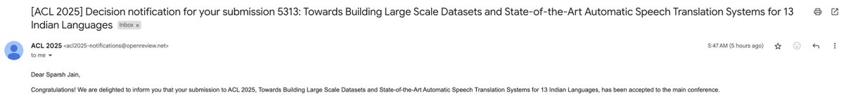 Sparshj8287's tweet photo. Thrilled to share that our work "Towards Building Large Scale Datasets and State-of-the-Art Automatic Speech Translation Systems for Indian Languages" has been accepted at #ACL2025 (Main Conference)! 🎉🚀

Huge thanks to my amazing sensei @prajdabre for the guidance and support. https://t.co/Vc3025z6JC