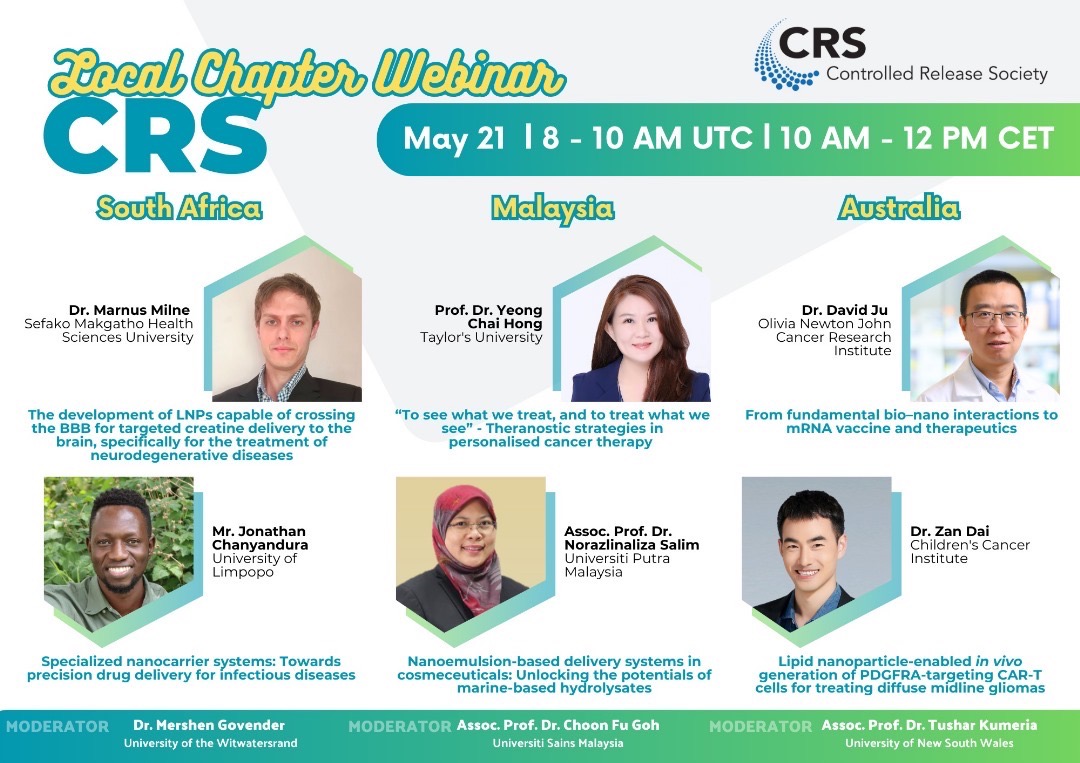 📢 Join us for the CRS Local Chapter Webinar hosted by South Africa, Malaysia &amp; Australia Chapters! 🌍
 🗓️ May 21, 2025 | 🕗 8–10 AM UTC
 💡 Topics: LNPs, mRNA, CAR-T, theranostics &amp; more!
 🔗 Register: crs.site-ym.com/Login.aspx?opt…
 #CRS #MyCRS #DrugDelivery