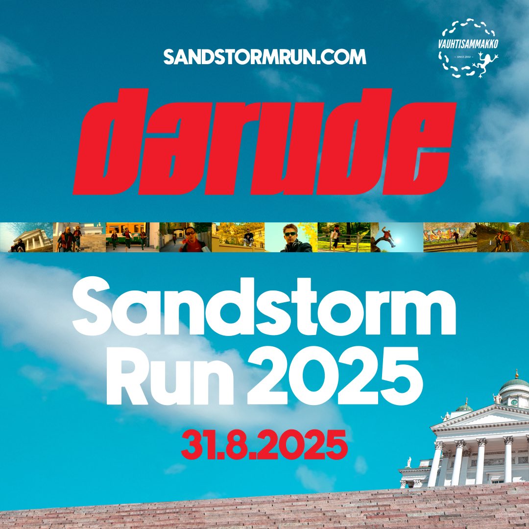 Darude (@darudevil) on Twitter photo Want to run the ‘Sandstorm’ music video route around Helsinki? Now you can! <a href="/SandstormRun/">Sandstorm Run</a>
ON SALE NOW: Tickets for SANDSTORM RUN 2025 in Helsinki on August 31st🌪️🏃♀️🏃♂️💼
🎟️ sandstormrun.com Want to run the ‘Sandstorm’ music video route around Helsinki? Now you can! <a href="/SandstormRun/">Sandstorm Run</a>
ON SALE NOW: Tickets for SANDSTORM RUN 2025 in Helsinki on August 31st🌪️🏃♀️🏃♂️💼
🎟️ sandstormrun.com