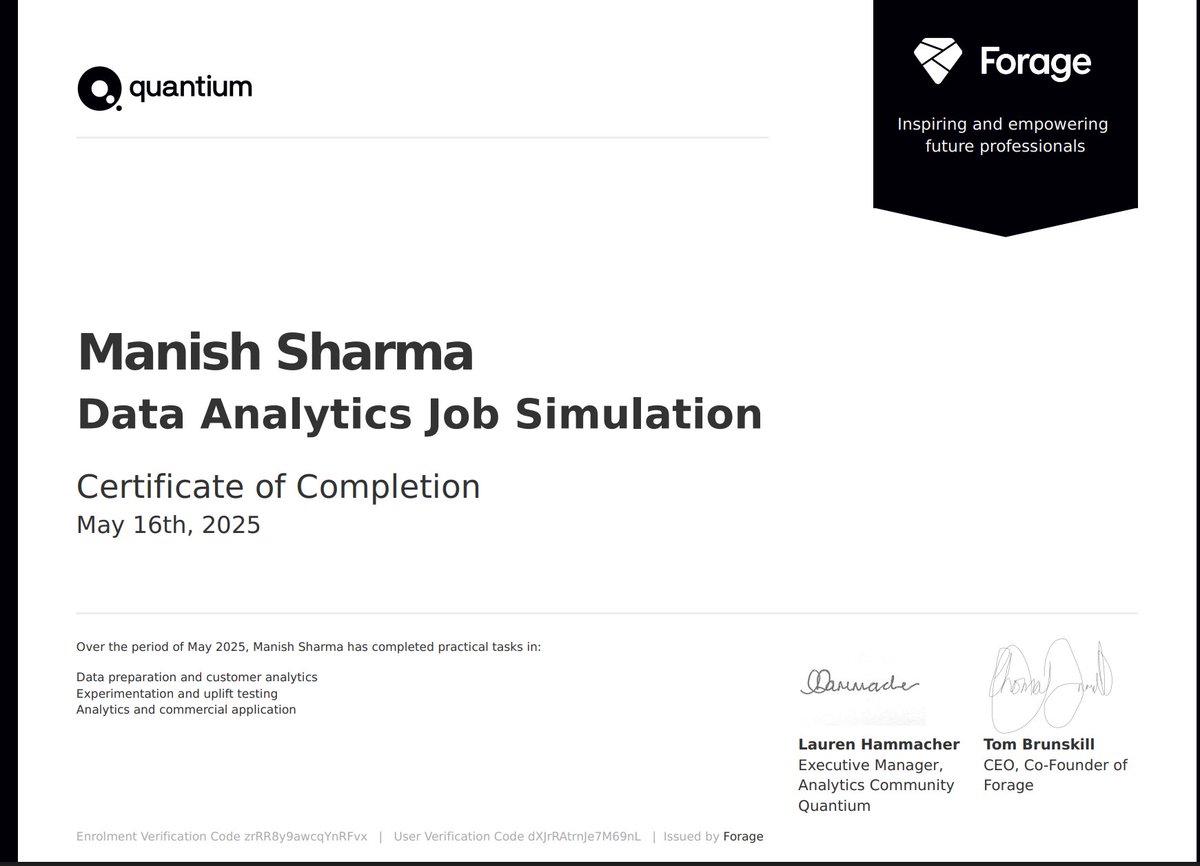 manishsarmaa's tweet image. Just completed Quantium's Data Analytics Virtual Experience on Forage! 
Gained hands-on skills in data prep, customer analytics, uplift testing, and strategic reporting to support data-driven decisions for commercial growth. #DataAnalytics #VirtualInternship #Quantium