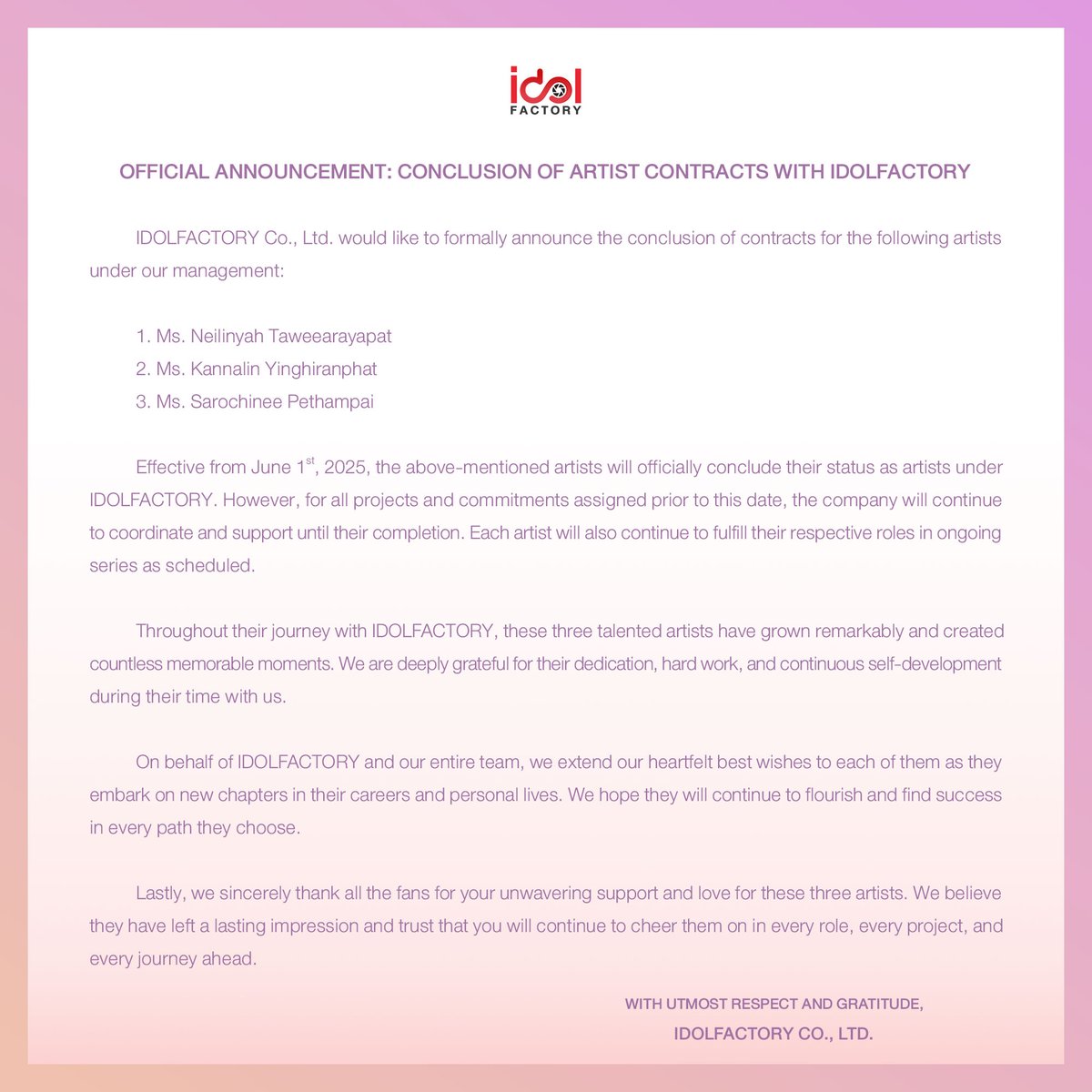 ประกาศสิ้นสุดสัญญาการเป็นนักแสดงในสังกัด IDOLFACTORY

OFFICIAL ANNOUNCEMENT: CONCLUSION OF ARTIST CONTRACTS WITH IDOLFACTORY

#idolfactoryTH