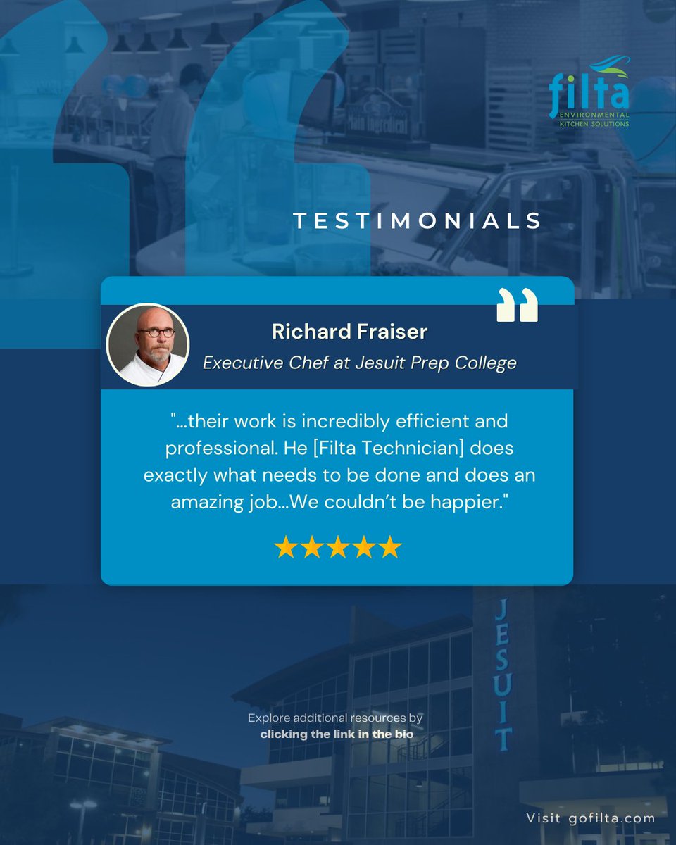 ⭐️⭐️⭐️⭐️⭐️
“Incredibly efficient and professional.” — Chef Richard Fraiser, Jesuit Prep College
See why kitchens trust Filta to get the job done right.

🔗 Link in bio to learn more or visit GoFilta.com

#FiltaFry #FiltaClean #GoFilta #FiltaTechnician
