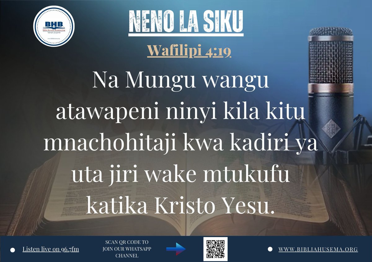 BHusema's tweet photo. NENO LA SIKU
Wafilipi 4:19
Na Mungu wangu atawapeni ninyi kila kitu mnachohitaji kwa kadiri ya utajiri wake mtukufu katika Kristo Yesu.
Jiunge na BHB WhatsApp channel sasa:
https://t.co/Qejgb8gTDz
#wikendi #nenolasiku #friday #verseoftheday https://t.co/ksSnhrYbdq