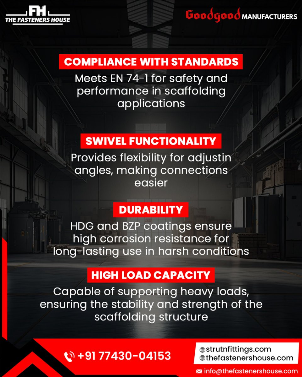 GoodgoodMFRS's tweet photo. EN 74-1 British Swivel Coupler (48x48 mm, HDG &amp; BZP)
Built to perform, made to last! 🏗️

✅ EN 74-1 Certified
🔄 Swivel Flexibility
🛡️ HDG + BZP Coating
💪 High Load Capacity

Strength. Safety. Stability. 

#Scaffolding #fastenersindustry #fastenerssupplier #fastenermanufacturer https://t.co/XhC9nxo90N