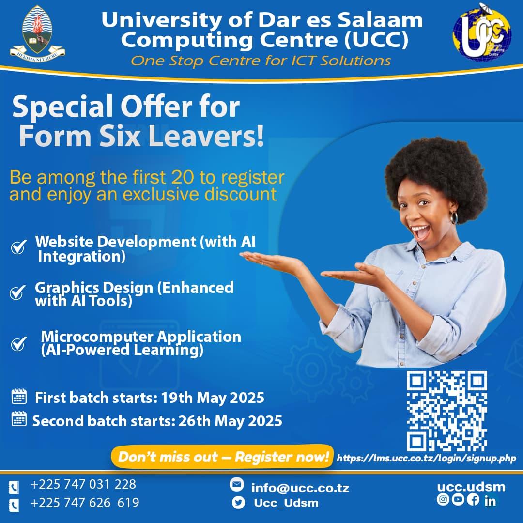 ucc_udsm's tweet photo. 🎉 BIG OFFER for Form Six Leavers!
🔥 Are YOU ready to level up your skills?

💥 Grab a Special Discount — only for the first 20 fast movers who register between 15th – 20th May 2025!

📅 Batch 1: 19th May 2025
📅 Batch 2: 26th May 2025

🚀 Spots are filling fast! https://t.co/DueoV9w1TQ