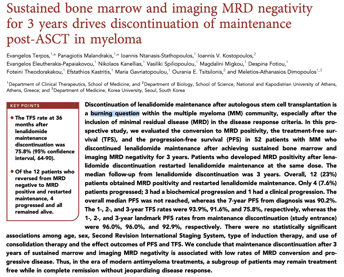 Rahul Banerjee, MD, FACP (@rahulbanerjeemd) on Twitter photo Now in @BloodJournal: congrats <a href="/thanosdimop/">Thanos Dimopoulos</a> et al on studying this prospectively!
I love the abstract! Stopping len is a burning question for the #MMsm community and can also stop burning holes in our pocketbooks 💸
Good to see such great post-discontinuation PFS data here! Now in @BloodJournal: congrats <a href="/thanosdimop/">Thanos Dimopoulos</a> et al on studying this prospectively!
I love the abstract! Stopping len is a burning question for the #MMsm community and can also stop burning holes in our pocketbooks 💸
Good to see such great post-discontinuation PFS data here!