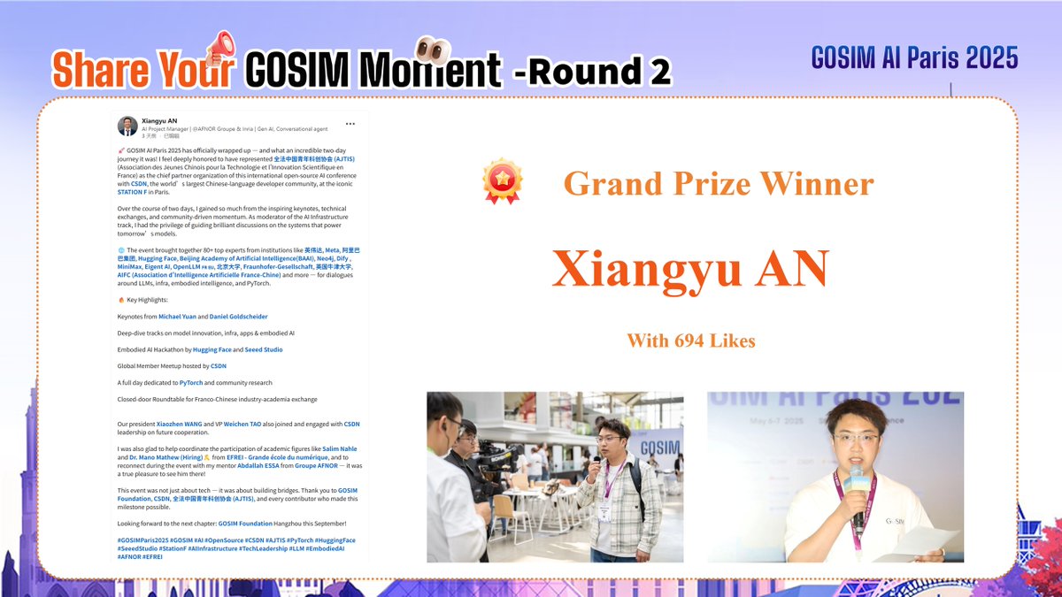 gosimfoundation's tweet image. 🎉 The results of both rounds of the “Share Your GOSIM Moment” contest are in!
🏆 Big congratulations to @an_xiangyu , Grand Prize Winner of Round 2, with an impressive 694 likes!
🍀 And cheers to the 20 other participants who took home Lucky Prizes — your posts lit up the GOSIM…