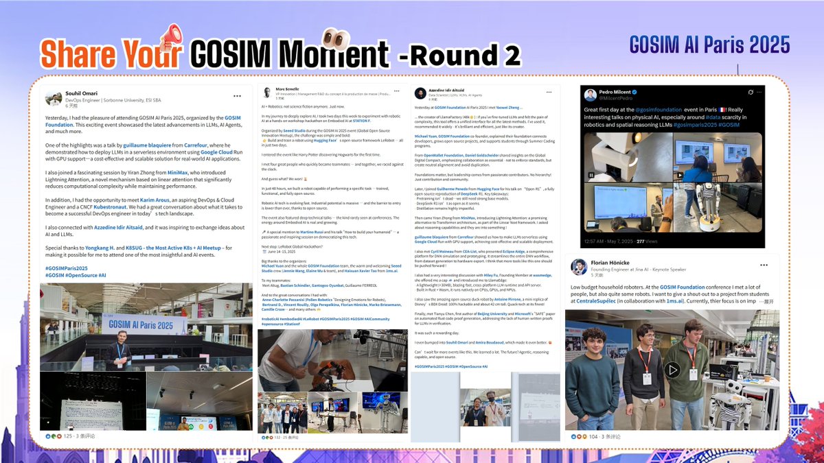 gosimfoundation's tweet image. 🎉 The results of both rounds of the “Share Your GOSIM Moment” contest are in!
🏆 Big congratulations to @an_xiangyu , Grand Prize Winner of Round 2, with an impressive 694 likes!
🍀 And cheers to the 20 other participants who took home Lucky Prizes — your posts lit up the GOSIM…