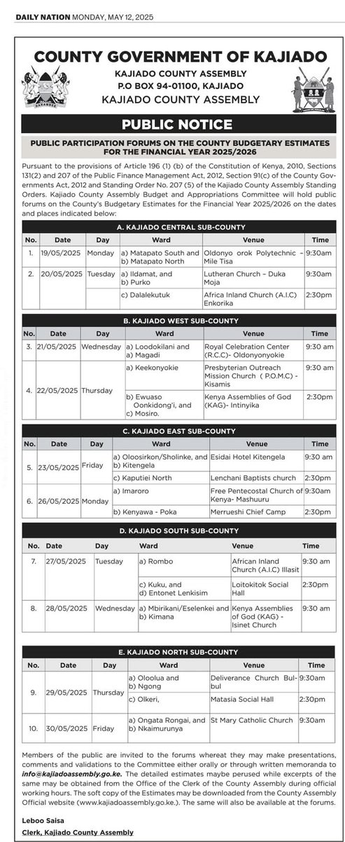 PUBLIC PARTICIPATION FORUMS ON THE COUNTY BUDGETARY ESTIMATES FOR THE FINANCIAL YEAR 2025/2026. 
Its A Constitutional Requirement To Attend Such Forums and Have Your Voice Heard. Kindly Attend and Give Your Input.