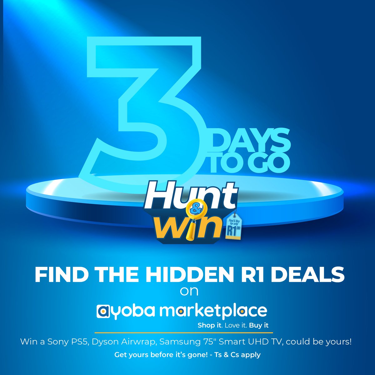 ayobaapp's tweet image. 🎯 3 DAYS TO GO!

Get ready to hunt hidden R1 deals on Ayoba Marketplace. Win a PS5, Dyson Airwrap, or Samsung Smart TV!

📲 Stay alert. The deals drop soon! Available to users in South Africa only. Other T&amp;amp;Cs Apply.

#HuntAndWin #R1Deals #AyobaMarketplace
