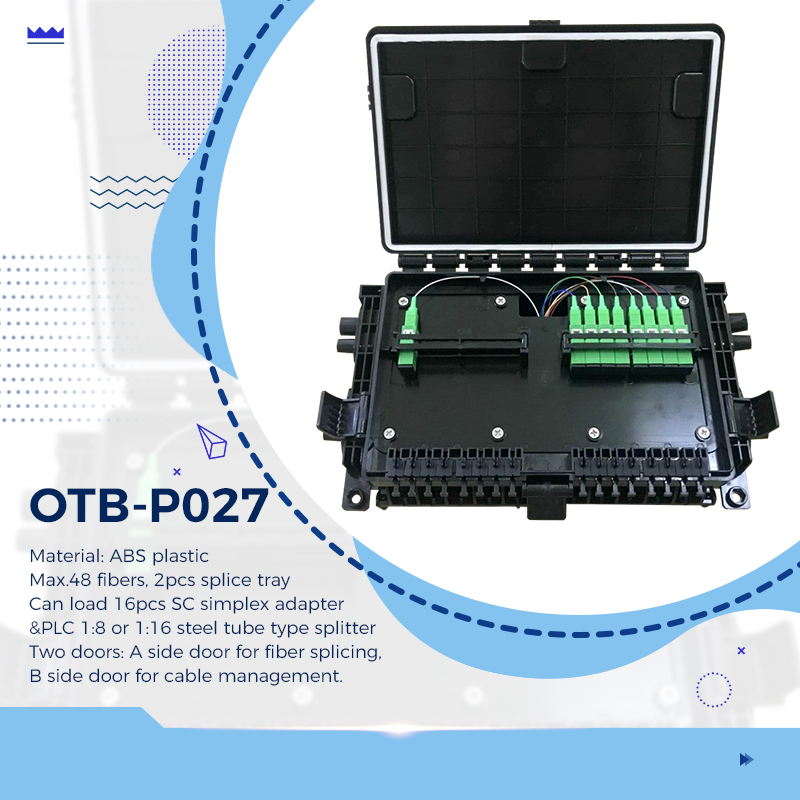 Recommand | OTB-P027
wa.me/8613318267031
Material: ABS plastic
Max.48 fibers, 2pcs splice tray
Can load 16pcs SC simplex adapter &amp;PLC 1:8 or 1:16 steel tube type splitter
Two doors: A side door for fiber splicing, B side door for cable management.
#Terminalbox
#fiberoptic