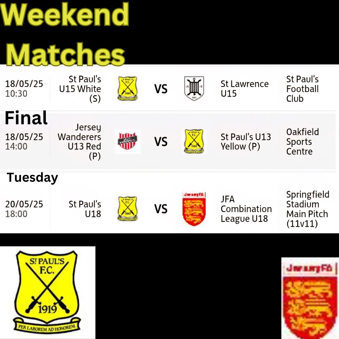 Be sure to catch our Juniors this weekend as our U13s play for The Richie Brocken Cup, also our U18 team play on Tuesday Evening at Springfield for E. J. De Ste Croix Memorial Trophy #stpaulsjsyfc