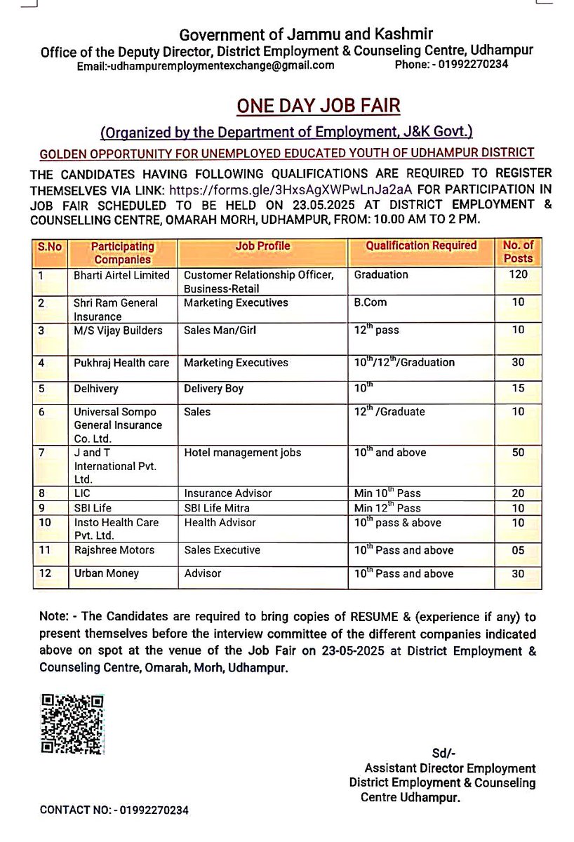DECCUdhampur's tweet photo. Job Fair will be conducted on 23.05.2025 at District Employment and Counselling Center,Omarah Morh, Udhampur from 10am onwards. Candidates will register themselves theough link given below:-
https://t.co/TYaqiuTZVF 
Details are as under. https://t.co/L1keUlhWr2