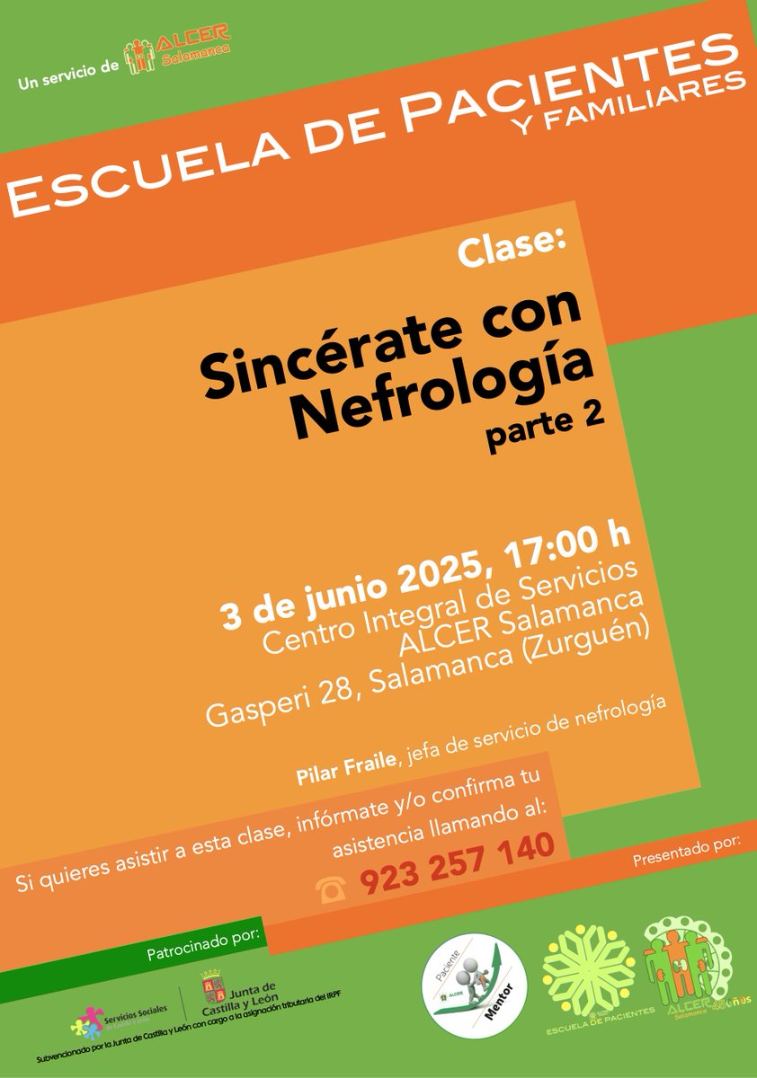 👩🏼‍⚕️ Pilar Fraile, jefa del servicio de #nefrología del CAUSA y la #EscuelaDePacientes de #ALCERSalamanca te invitan a una #tertulia:

📌 Sincérate con Nefrología
📆 3 de junio 2025
🕔 17 h
📍 Centro Integral, Gasperi 26, Zurguén, #Salamanca
☎️ Inscríbete, llama al 923 257 140.