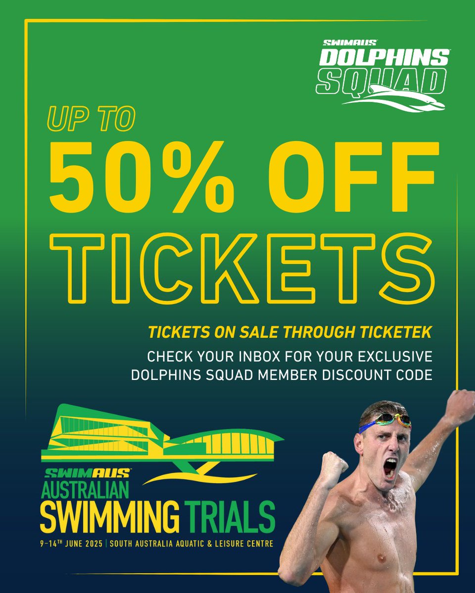 📣 Hey, Dolphins Squad Members 📣 Don't forget that you can get up to 50% off Australian Swimming Trials tickets to watch Australia's top swimmers go head-to-head in Adelaide this June🔥🎫

Follow this link to purchase your ticket today: premier.ticketek.com.au/shows/show.asp…

Dolphins Squad