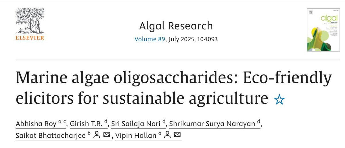 Excited to share our latest review article from the lab! We explore the role of seaweed-derived elicitors in sustainable plant defense. Congratulations to the all the authors! 
<a href="/Abhisha36157521/">Dr. Abhisha Roy</a> <a href="/Sea6Energy/">Sea6 Energy Official</a> <a href="/SaikatB12420481/">Saikat Bhattacharjee</a> 
Link to the paper :  sciencedirect.com/science/articl…