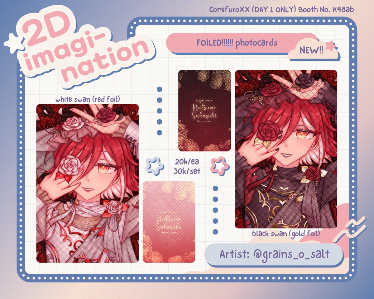 hello~ Here's my OTS catalogue for #cfxx !! (≧∇≦)/
「 🔄+🩷 are very appreciated!! 」

Circle booth: 2D imagi-nation at K48ab, DAY 1 ONLY!!
Fandom : enstars (ensemble stars) (mostly natsume)

Guest artists on last slide~

#comifuroxx #comifuro20 #cf20 #cfxxcatalogue