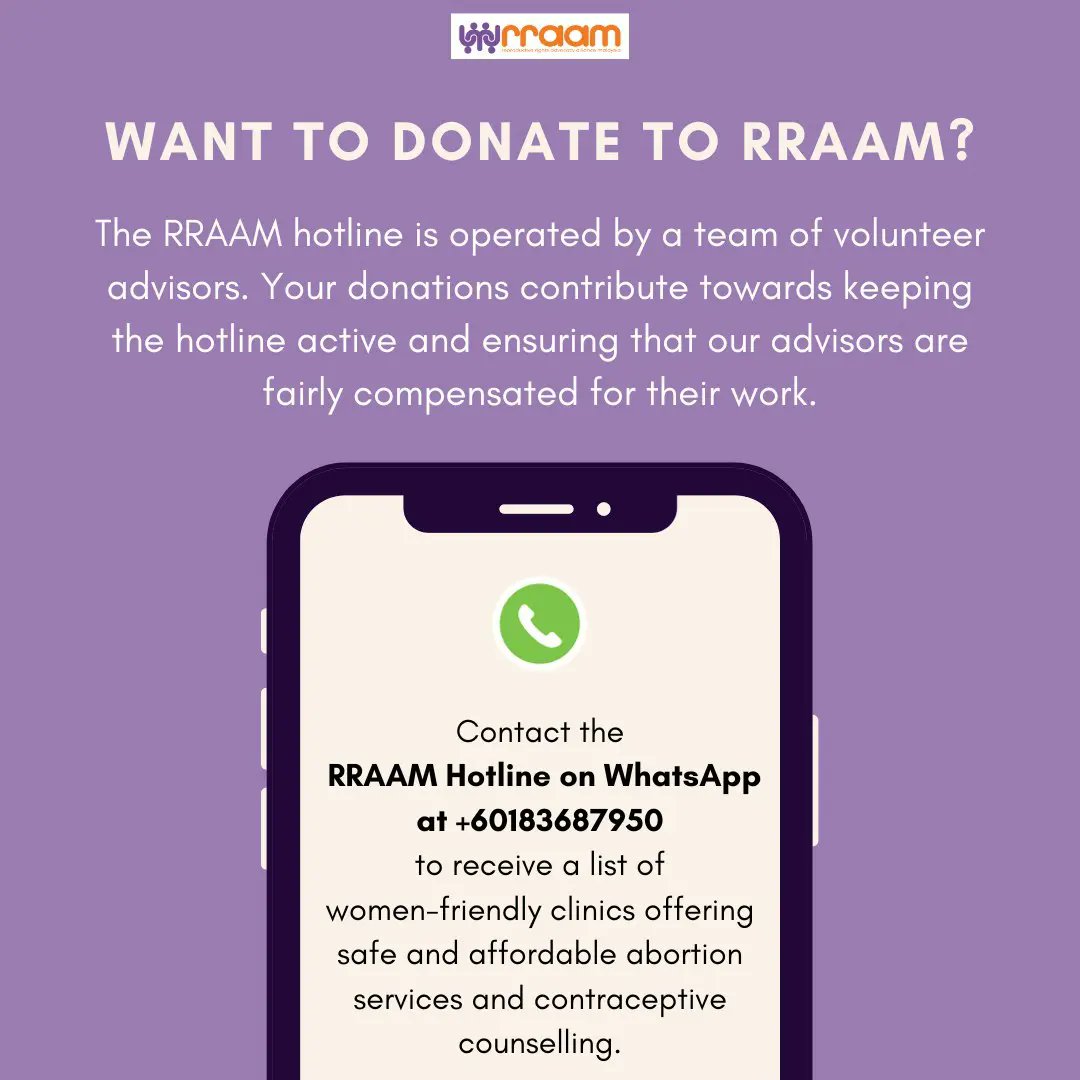 RRAAMalaysia's tweet photo. Our 24-hour safe abortion hotline is entirely donor-funded.

Your support helps us train para-counsellors, maintain our response system, and support those in crisis.

No one should face an unplanned pregnancy alone.

💜 Donate to keep us going: https://t.co/ROedVOIYAJ https://t.co/loSNNHxtaD