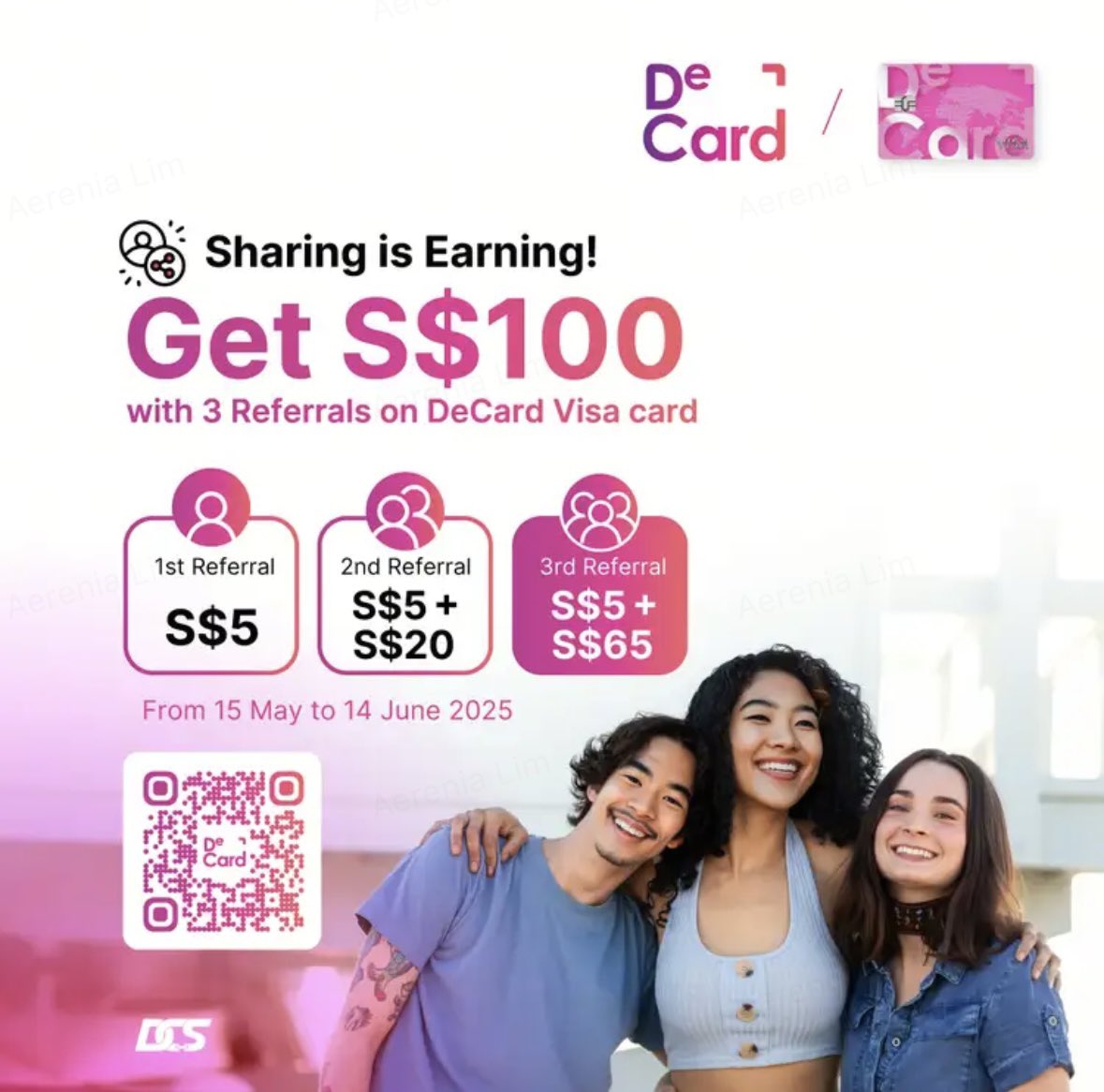 DCS_DeCard's tweet photo. DeCard Visa card’s referral rewards are live — from 15 May to 14 June only!

Refer 3 friends, earn S$100.
Each friend gets S$5 too.
Let’s gooo → https://t.co/OLvyhdJ8z7

#DeCard #ReferralRewards #visa https://t.co/Mjauz5uSLY