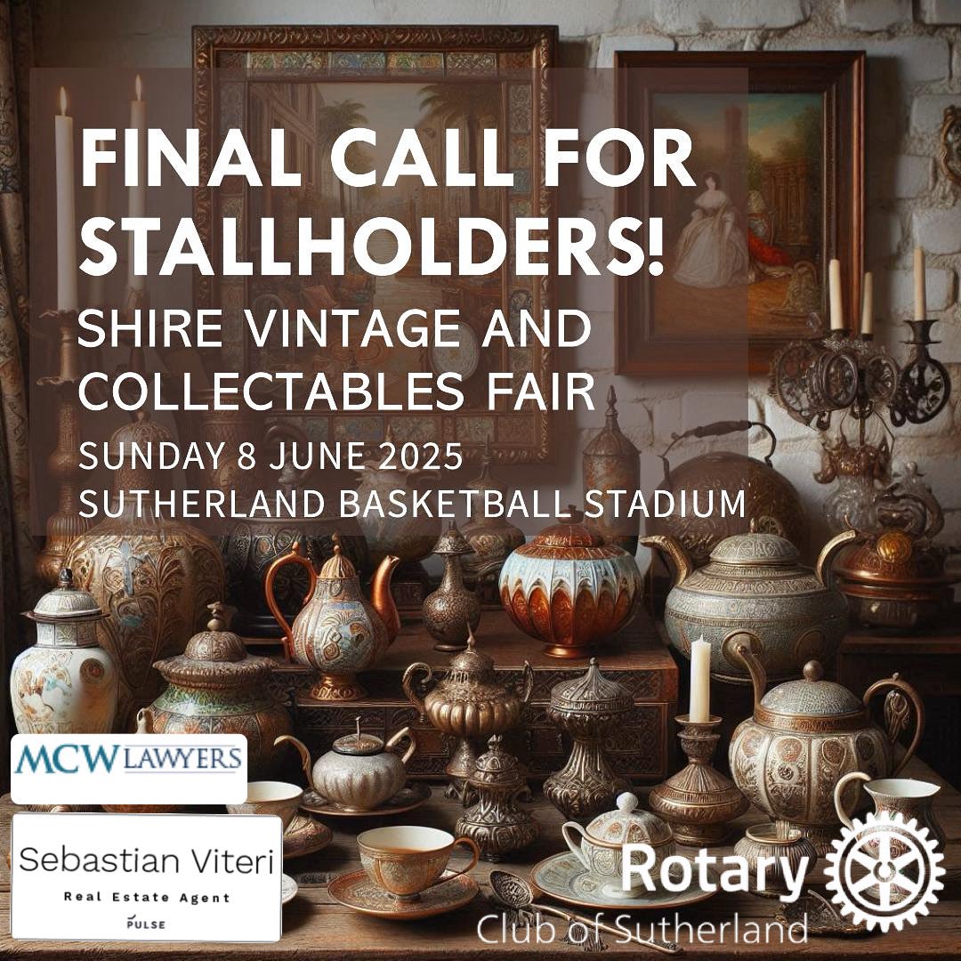 Sutherland Rotary (@suthrotary) on Twitter photo FINAL CALL! If you’re interested in having a stall at the Shire Vintage and Collectibles Fair, please reach out! You can call us on 0499160844 or send us a DM. We’re finalising planning this Sunday so if you’re interested, get in quick and we’ll be glad to have you onboard. FINAL CALL! If you’re interested in having a stall at the Shire Vintage and Collectibles Fair, please reach out! You can call us on 0499160844 or send us a DM. We’re finalising planning this Sunday so if you’re interested, get in quick and we’ll be glad to have you onboard.
