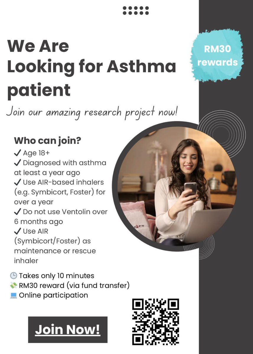 angela_chanting's tweet photo. 📢 Asthma patients wanted!
 - Age 18+, asthma ≥1yr, using AIR inhalers (e.g. Symbicort/Foster) >1yr
 - 10-min online survey
 - RM30 reward (bank transfer)
Join here: https://t.co/DShpZdgHU3 https://t.co/pZaN3ntCZK