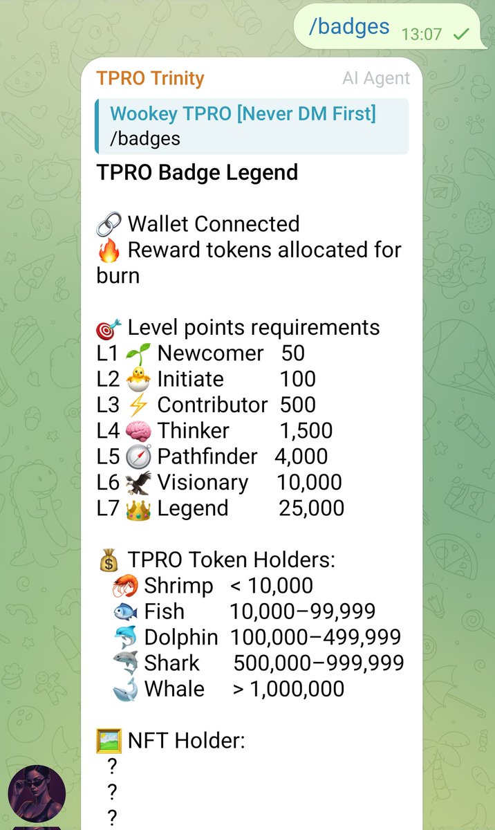 ✅ New badges just dropped for Trinity AI!
Next step: automated leveling and RAID points integration.

Engage, contribute, and climb the ranks from 🌱 Newcomer to 👑 Legend!

And yes, we will reward you 🥳

#TPRO #AIagent #NFT