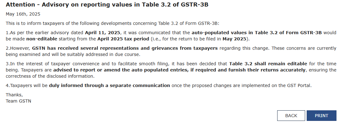 taxologyin's tweet photo. 🚨 Advisory on reporting values in Table 3.2 of GSTR-3B

In the interest of taxpayer convenience and to facilitate smooth filing, it has been decided that Table 3.2 shall remain editable for the time being. https://t.co/qBmcZ5mb34