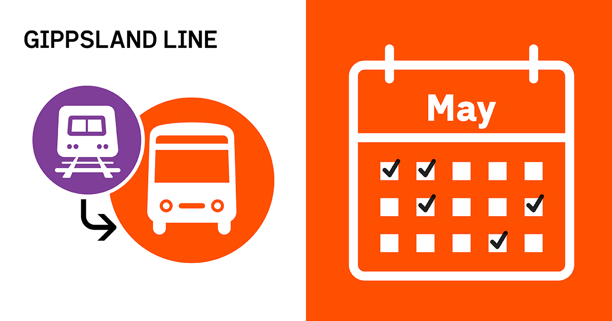 Coaches replace trains on the Gippsland Line from Friday 23 to Wednesday 28 May for all or part of the journey.

For more information and to plan your journey, visit: go.vline.com.au/4lXsTv8