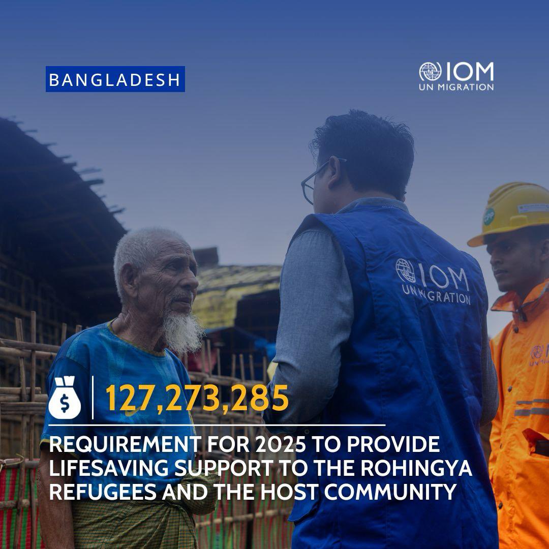 Stand with #Rohingya refugees.​

Over 1M people in Bangladesh 🇧🇩 rely entirely on humanitarian aid. 

#IOM is appealing for USD 127M under #JRP2025 to deliver shelter, water, fuel and essential services. Your support can make a difference.​
​
📖Learn more: bit.ly/4lCymr2