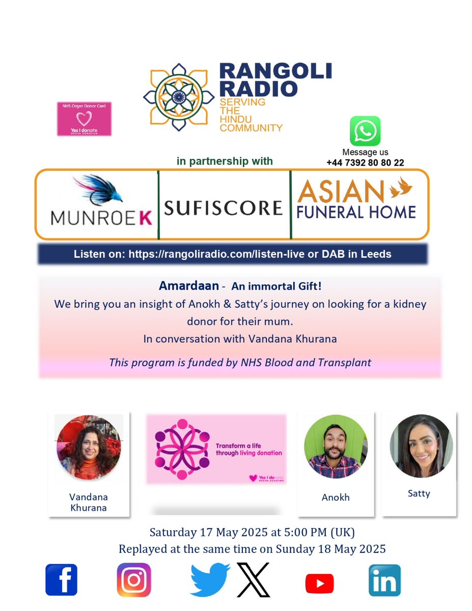 RangoliRadio (@radiorangoli) on Twitter photo Tune in tomorrow at 5pm to rangoliradio.com tomorrow listen to Anokh and Satty's story about their mum looking for a kidney donor. #amardaan <a href="/JHOD_UK/">@JHOD_UK</a> <a href="/Kidney_Research/">Kidney Research UK</a> <a href="/LeedsHospitals/">Leeds Teaching Hospitals</a> <a href="/MahmudNawaz/">Mahmud Nawaz</a> <a href="/SunilDaga23/">Sunil Daga</a> <a href="/NHSBT/">NHS Blood+Transplant</a> <a href="/NHSOrganDonor/">NHS Organ Donation💗🫀🫁</a> <a href="/BradfordOrgDon/">BradfordOrganDonation</a> <a href="/drmahendrapatel/">Dr Mahendra G Patel OBE 🕉</a> <a href="/NKF_UK/">National Kidney Federation</a> Tune in tomorrow at 5pm to rangoliradio.com tomorrow listen to Anokh and Satty's story about their mum looking for a kidney donor. #amardaan <a href="/JHOD_UK/">@JHOD_UK</a> <a href="/Kidney_Research/">Kidney Research UK</a> <a href="/LeedsHospitals/">Leeds Teaching Hospitals</a> <a href="/MahmudNawaz/">Mahmud Nawaz</a> <a href="/SunilDaga23/">Sunil Daga</a> <a href="/NHSBT/">NHS Blood+Transplant</a> <a href="/NHSOrganDonor/">NHS Organ Donation💗🫀🫁</a> <a href="/BradfordOrgDon/">BradfordOrganDonation</a> <a href="/drmahendrapatel/">Dr Mahendra G Patel OBE 🕉</a> <a href="/NKF_UK/">National Kidney Federation</a>