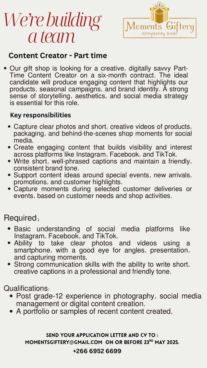 IggleConsulting's tweet photo. Moments Giftery is seeking 3 positions to join their team: Part Time Content Creator, Gift Shop Assistant Trainee and Wooden Craft Assistant Trainee.
Applications closing date: 23 May 2025
#momentsgiftery #JobOpportunities #giftshop #contentcreeator https://t.co/seqn8ITEKl