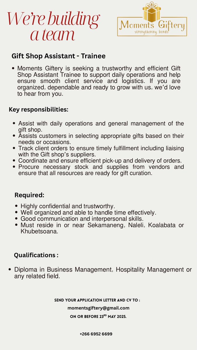 IggleConsulting's tweet photo. Moments Giftery is seeking 3 positions to join their team: Part Time Content Creator, Gift Shop Assistant Trainee and Wooden Craft Assistant Trainee.
Applications closing date: 23 May 2025
#momentsgiftery #JobOpportunities #giftshop #contentcreeator https://t.co/seqn8ITEKl