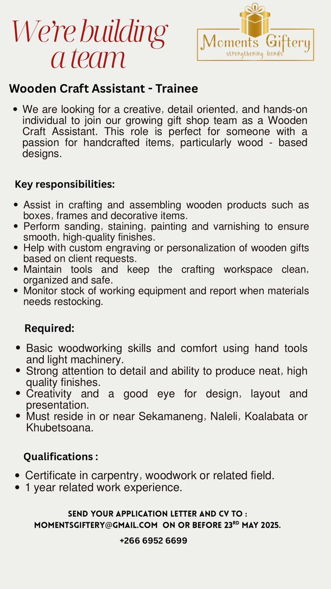 IggleConsulting's tweet photo. Moments Giftery is seeking 3 positions to join their team: Part Time Content Creator, Gift Shop Assistant Trainee and Wooden Craft Assistant Trainee.
Applications closing date: 23 May 2025
#momentsgiftery #JobOpportunities #giftshop #contentcreeator https://t.co/seqn8ITEKl