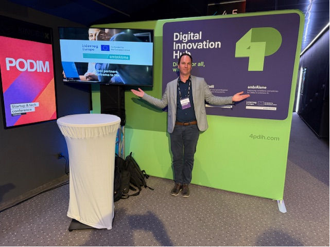 embraisme's tweet photo. Jure Trilar had the opportunity to collaborate in the panel "Disrupt or Die: How #AI Is Transforming the Business Scene" at the PODIM startup &amp; tech conference in Maribor. Together with other embrAIsme stakeholders, they engaged in an energetic and thought-provoking discussion. https://t.co/OotBhHVE3b