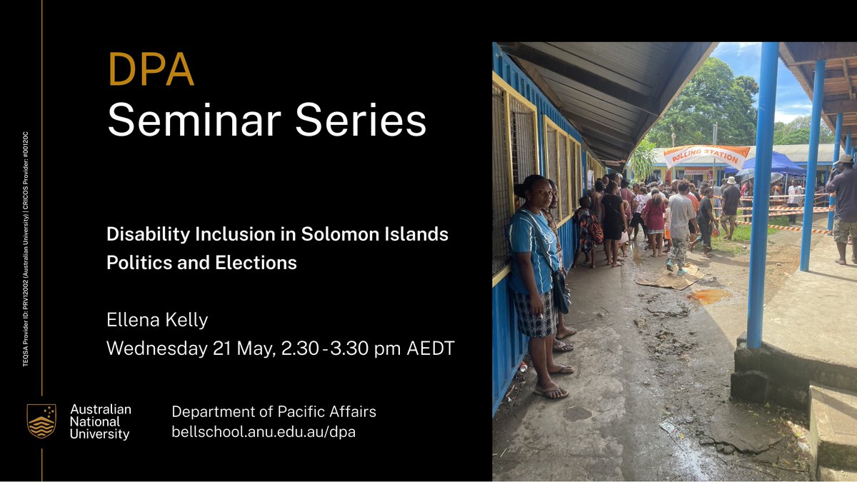 Department of Pacific Affairs (DPA) (@anudpa) on Twitter photo How inclusive were the 2024 #SolomonIslands #elections for people with disabilities?
Join us for a seminar reflecting on the vote, #disability rights & civil society’s role.
🗓️ Wed, 21 May 2025, 2:30 – 3:30pm
🔗 shorturl.at/W7Rx8
<a href="/ANUasiapacific/">ANU College of Asia and the Pacific</a> <a href="/ANUBellSchool/">ANUBellSchool</a> How inclusive were the 2024 #SolomonIslands #elections for people with disabilities?
Join us for a seminar reflecting on the vote, #disability rights & civil society’s role.
🗓️ Wed, 21 May 2025, 2:30 – 3:30pm
🔗 shorturl.at/W7Rx8
<a href="/ANUasiapacific/">ANU College of Asia and the Pacific</a> <a href="/ANUBellSchool/">ANUBellSchool</a>