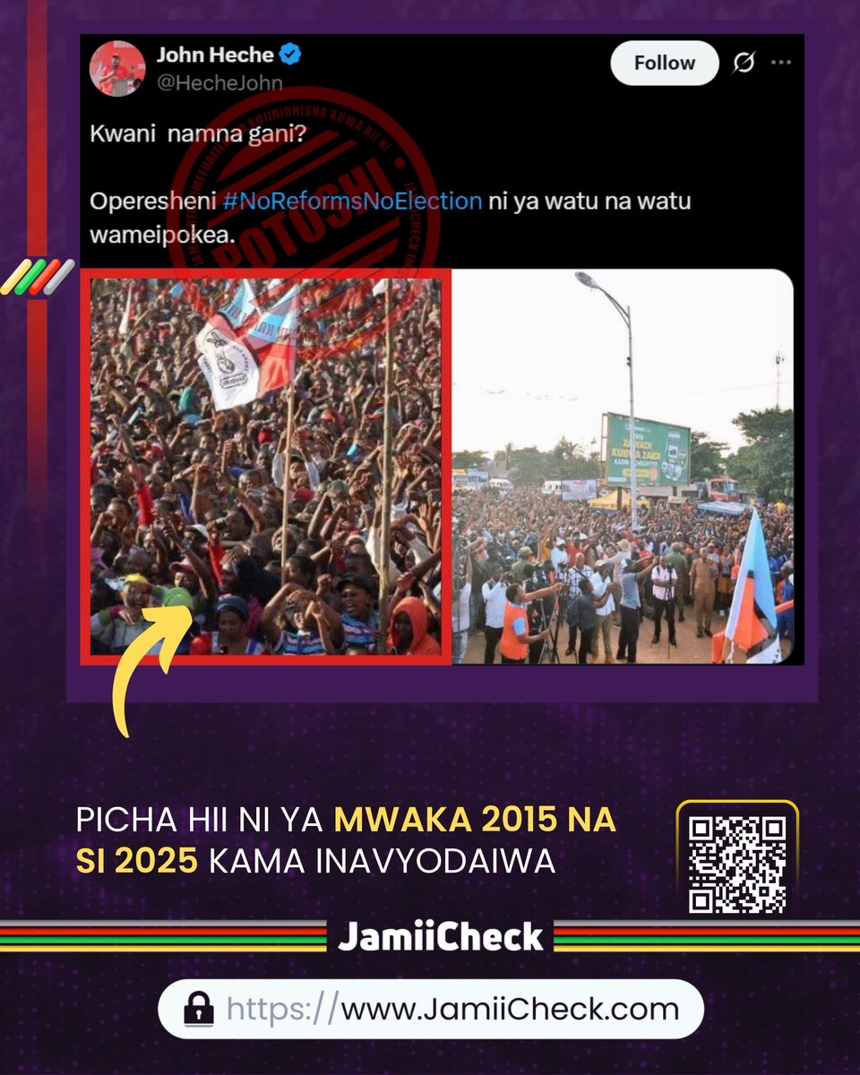 JamiiCheck's tweet photo. Picha inayosambazwa mtandaoni na John Heche na wengine ikidaiwa kuwa ya mikutano ya ‘No reforms No Election’ mwaka 2025 si ya sasa bali ya kampeni za mwaka 2015.
JamiiCheck, kupitia #GoogleReverseImageSearch, imebaini kuwa picha hiyo ilipigwa Oktoba 9, 2015 wakati wa kampeni za Hayati Edward Lowassa kupitia CHADEMA chini ya UKAWA alipokuwa akifanya mikutano Siha, Moshi na Karatu.
Vyombo mbalimbali vya habari viliripoti tukio hilo na kuambatanisha picha hiyo ambayo sasa inatumiwa vibaya kuhusishwa na 'Operesheni ya No Reforms No Election'
Soma https://t.co/fW382W5mRV
#VisitJamiiCheck #FactsCheck #HakikiTaarifa #FactsChecking #MisDis04