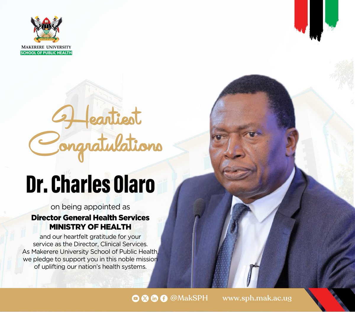 Makerere University School of Public Health (@maksph) on Twitter photo Heartiest Congratulations, Dr. <a href="/olaro_charles/">Olaro Charles</a>, on your appointment as Director General of Health Services <a href="/MinofHealthUG/">Ministry of Health- Uganda</a>.
We pledge to support you in this noble mission of uplifting Uganda's health systems. Heartiest Congratulations, Dr. <a href="/olaro_charles/">Olaro Charles</a>, on your appointment as Director General of Health Services <a href="/MinofHealthUG/">Ministry of Health- Uganda</a>.
We pledge to support you in this noble mission of uplifting Uganda's health systems.