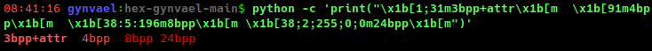 Poll! What ANSI color types does your terminal support?

"\x1b[1;31m3bpp+attr\x1b[m  \x1b[91m4bpp\x1b[m  \x1b[38:5:196m8bpp\x1b[m \x1b[38;2;255;0;0m24bpp\x1b[m"

Reply with screenshot of the output of this string + add OS/terminal versions

E.g. Ubuntu 24.04.2LTS, Konsole 23.08.5